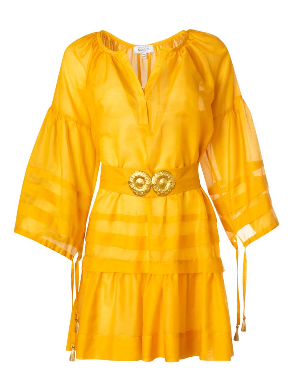 MYKONOS MINI DRESS WITH GOLDEN BUCKLES AND TASSELS