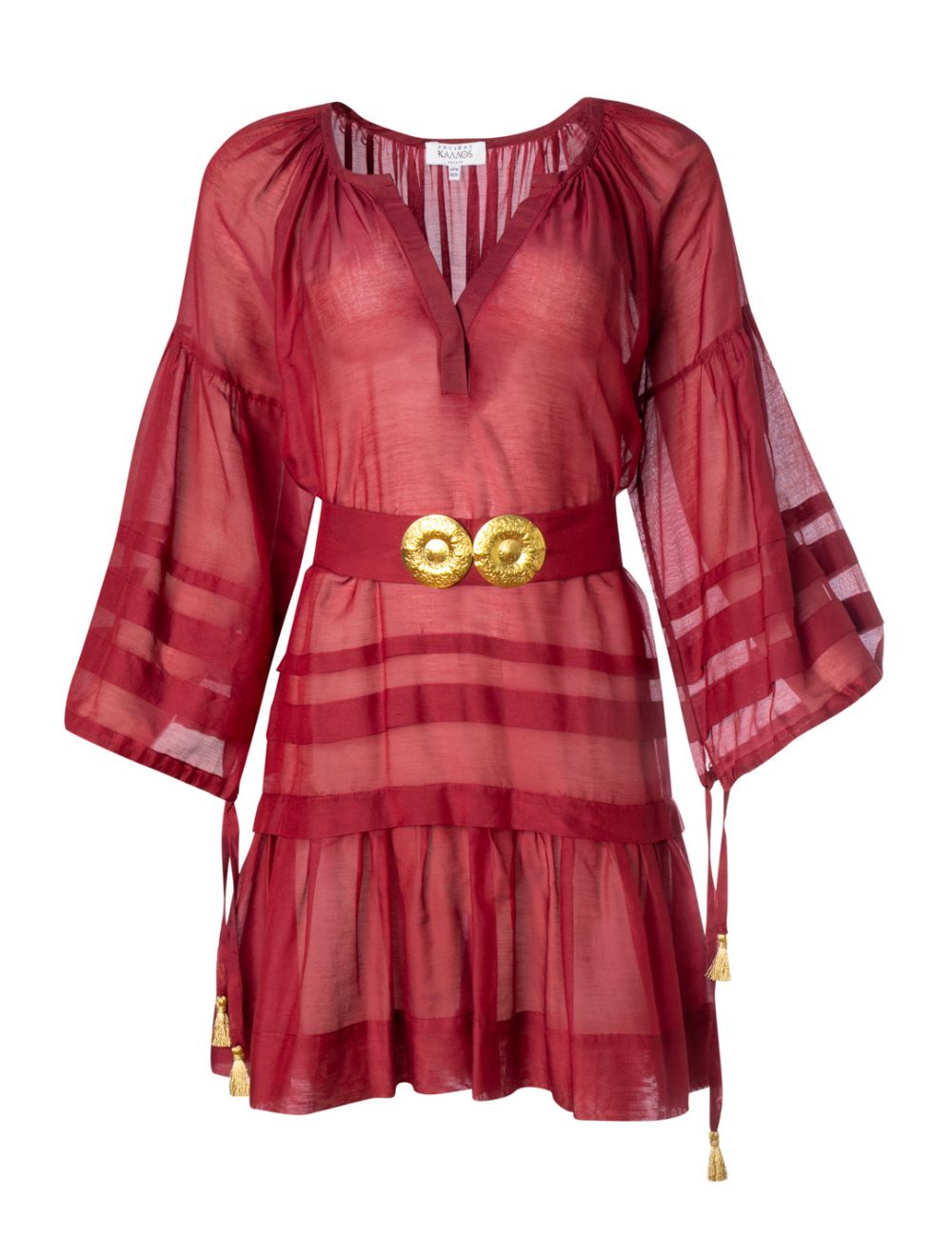 MYKONOS MINI DRESS WITH GOLDEN BUCKLES AND TASSELS