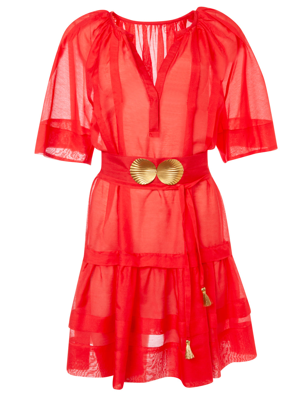 SYROS MINI DRESS WITH GOLDEN SHELL-BUCKLES AND HANDMADE TASSELS