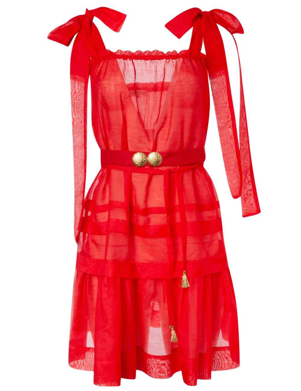 MYKONOS MINI STRAP DRESS WITH GOLDEN BUCKLES AND HANDMADE TASSELS