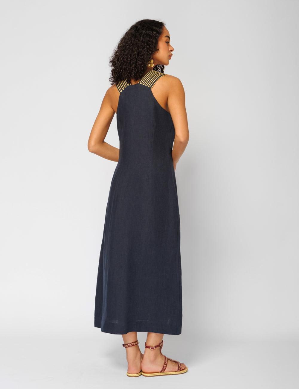 ARIADNI CORD EMBROIDERED LINEN MIDI DRESS - WEB EXCLUSIVE