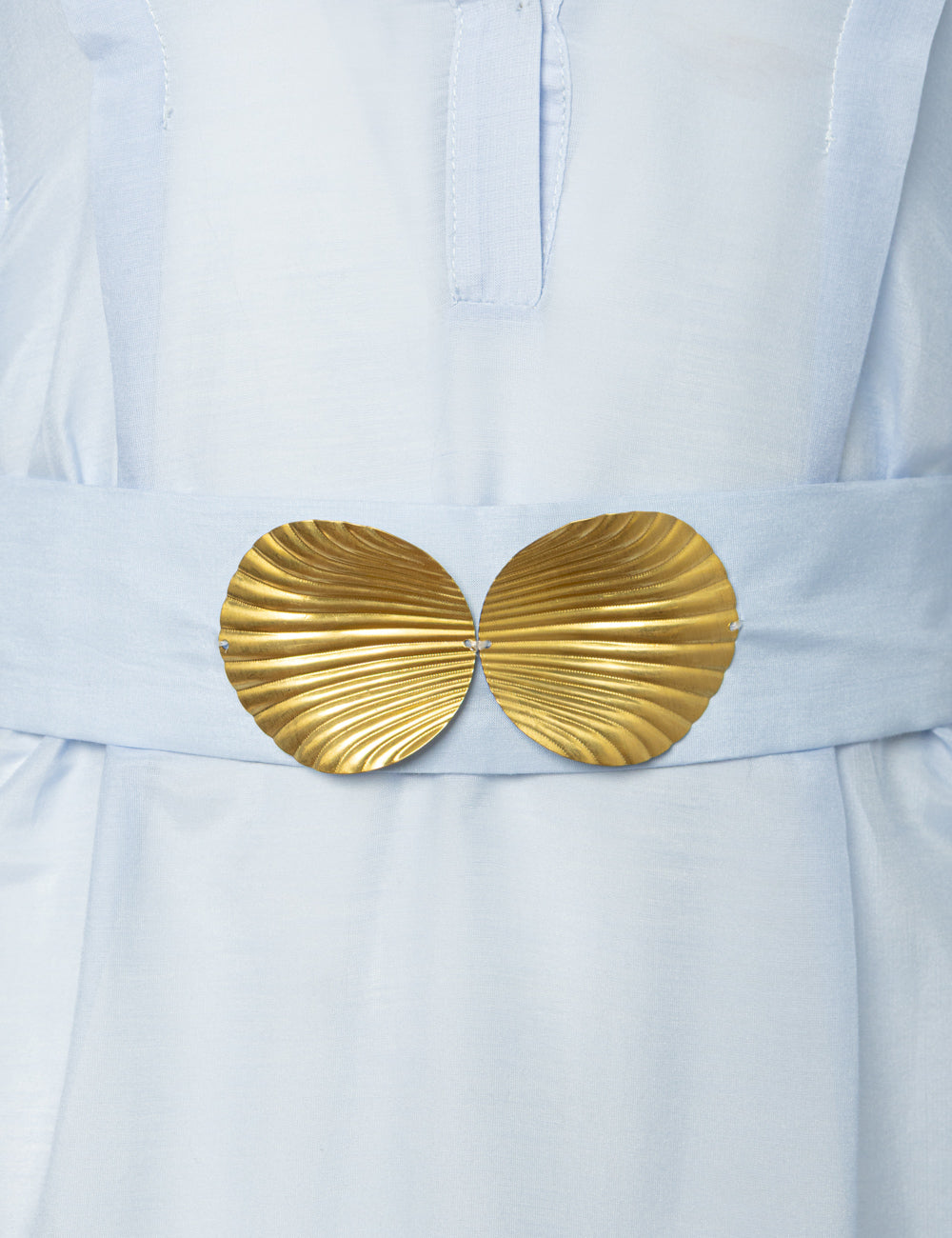 SYROS MINI DRESS WITH GOLDEN SHELL-BUCKLES AND HANDMADE TASSELS