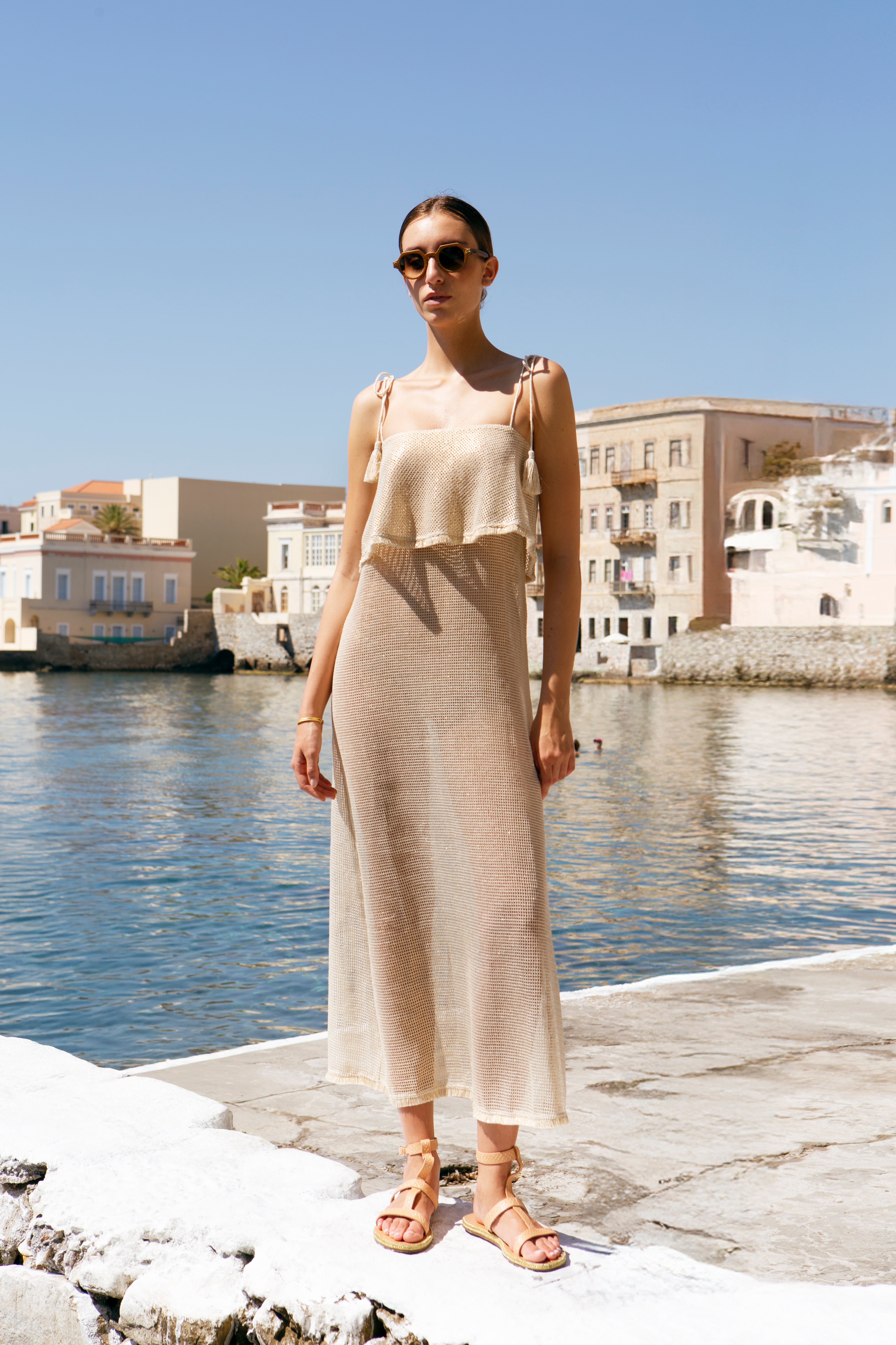 CHRISONISOS LONG NET STRAP DRESS WITH FRINGE DETAILS