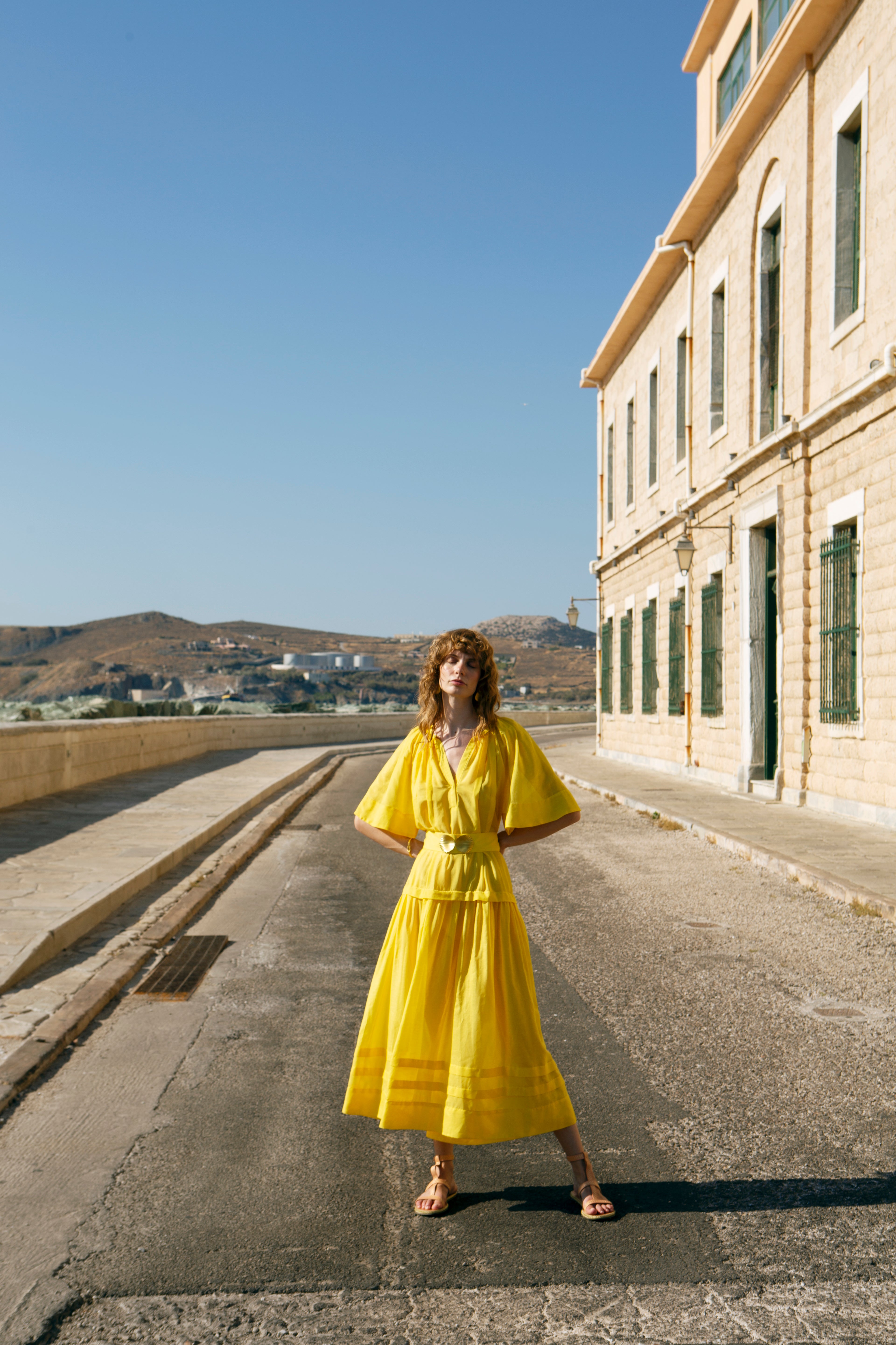 SYROS LONG DRESS WITH GOLDEN SHELL-BUCKLES AND HANDMADE TASSELS