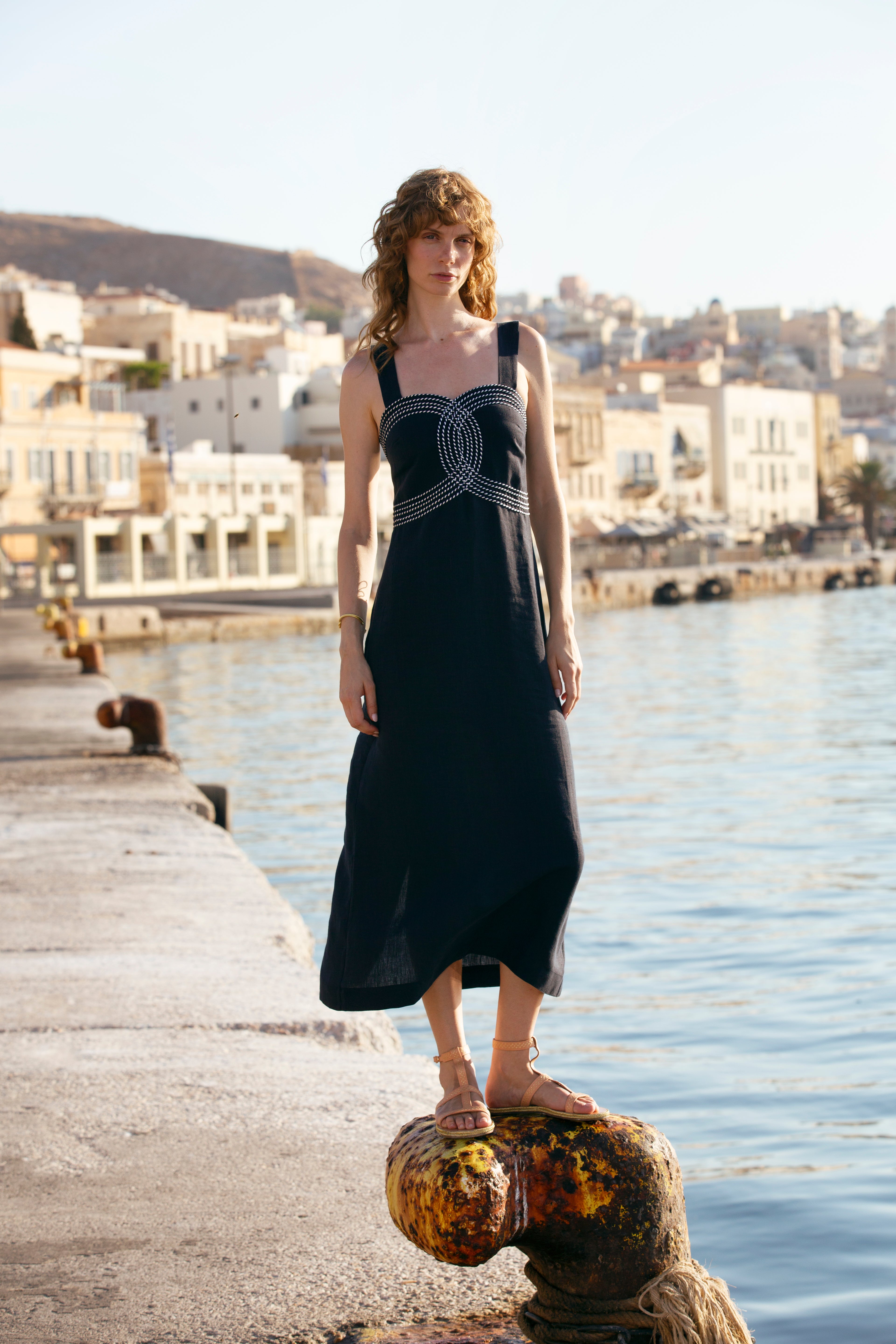 SELINI CORD EMBROIDERED LINEN MIDI DRESS