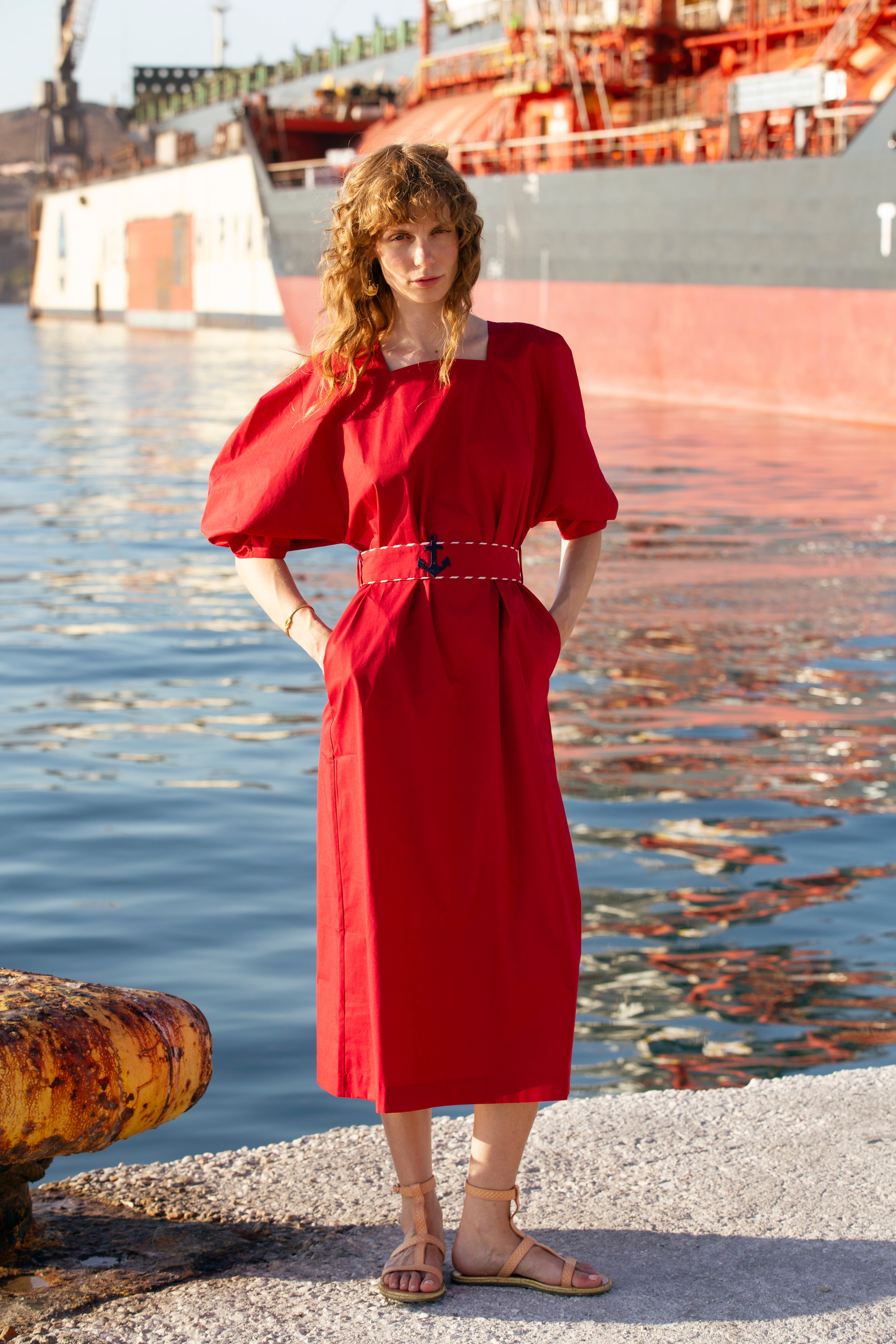 NAUSICA PUFFED SLEEVE DRESS WITH EMBROIDERED REMOVABLE BELT